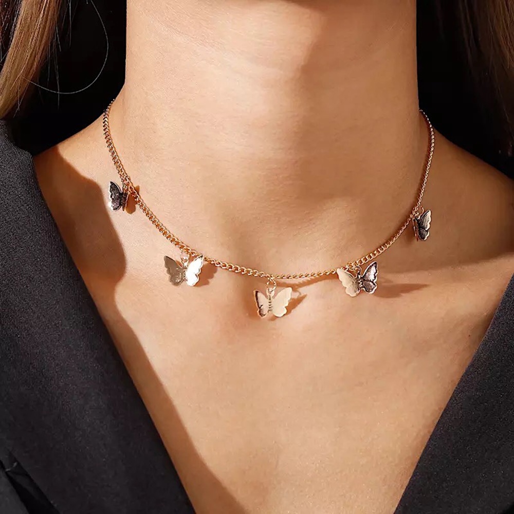 "Summer Bliss" Butterfly Hippie Festival Minimalist Gold Silver Choker Necklace - Picture 3 of 11